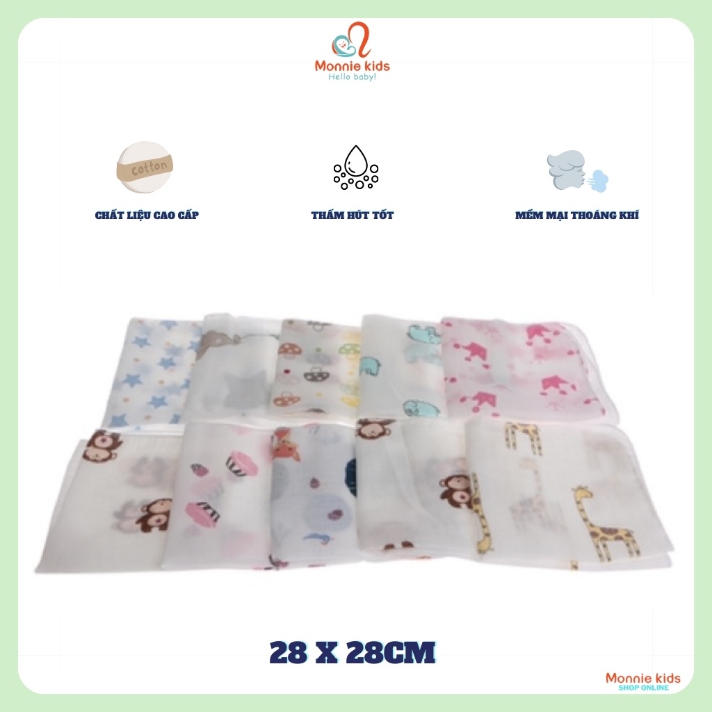 Set 10 khăn sữa ADEN Cotton 28x28cm, khăn sữa 2 lớp mềm mại thoáng mát cho bé - Monnie Kids