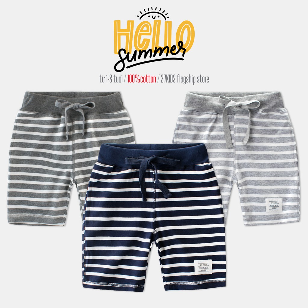 Quần short bé trai 27KIDS quần thun họa tiết kẻ sọc chất cotton hàng xuất