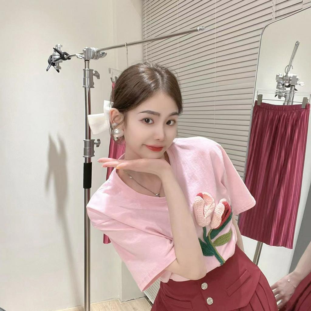 「 WELOVE1 」Áo Thun Nữ Dệt Kim Tay Ngắn Cổ Tròn Dáng Rộng Màu Hồng Thời Trang Mùa Hè Mới