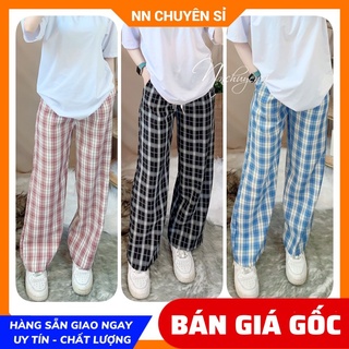 Quần nữ ống suông rộng chất vải mềm mịn phối sọc kẻ caro dễ thương LT09