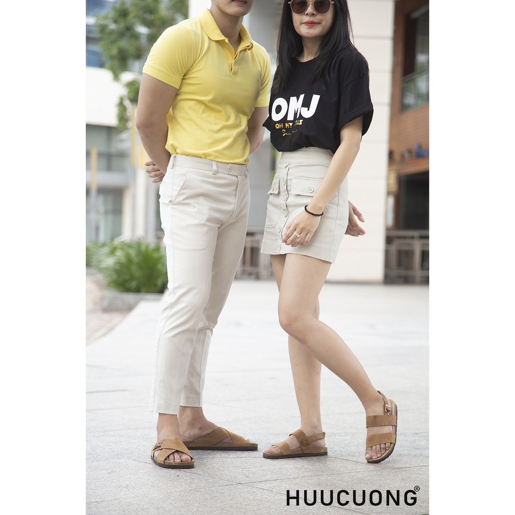 Giày Sandal Unisex HuuCuong 2 quai da bò nâu đế trấu