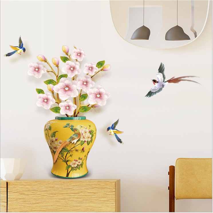 Decal 3D dán tường Bình hoa màu hồng nhẹ nhàng, sang trọng - decan cao cấp có keo sẵn AMYSHOP