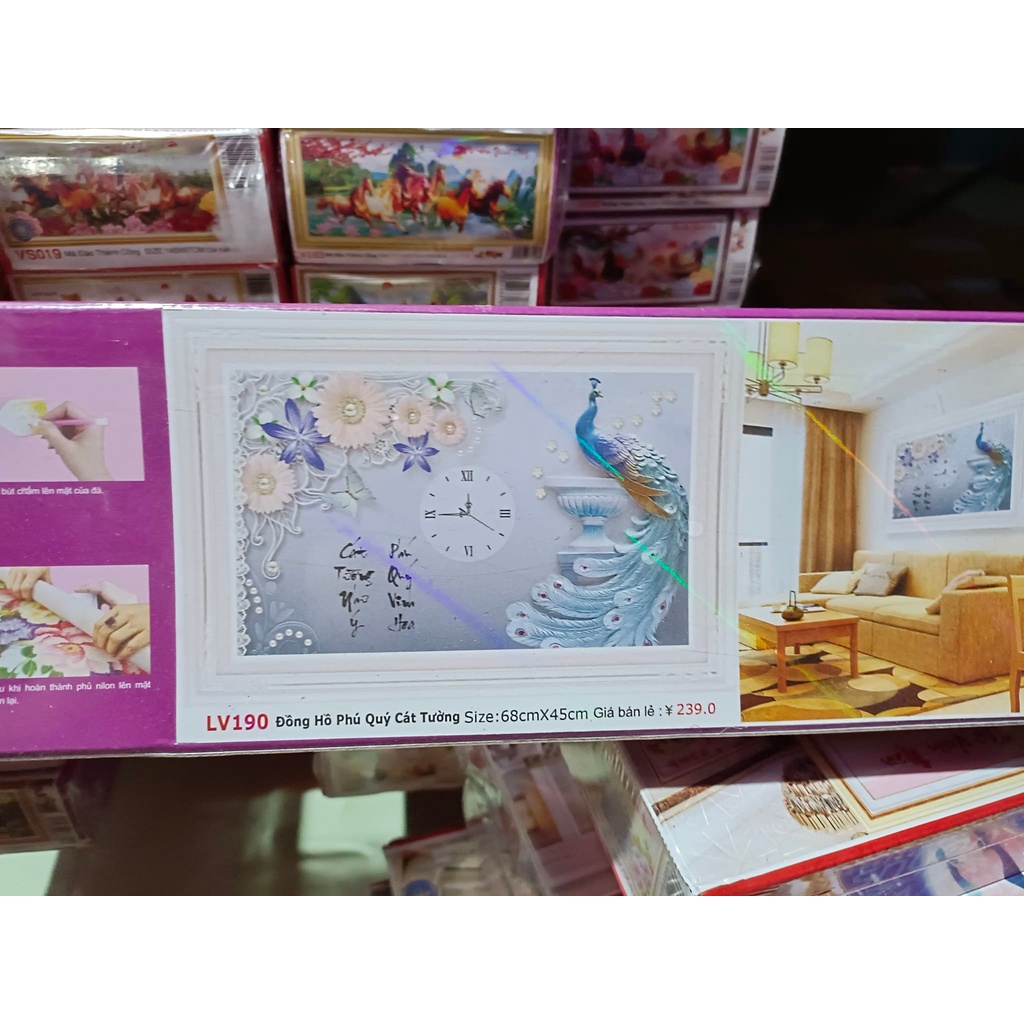 Tranh đính đá đồng hồ công KT:68x45cm,tranh gắn đá chưa gắn.