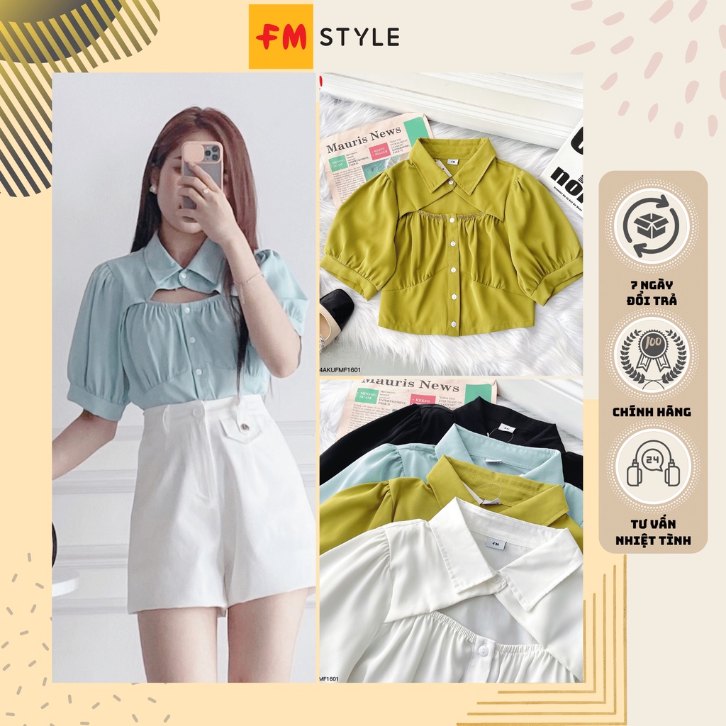 Áo kiểu nữ cổ bẻ khoét ngực tay phồng fmstyle, áo croptop kiểu nữ phong cách Hàn Quốc | Fmstyle Shop