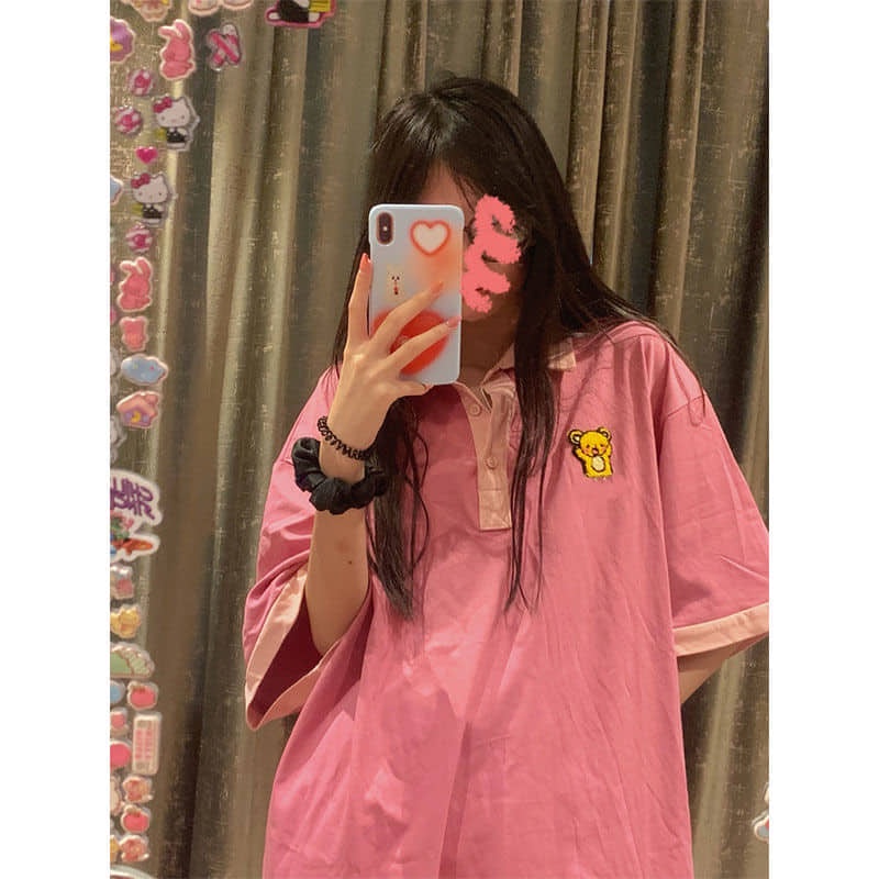 Áo thun polo nữ màu hồng xinh xắn dáng rộng tay lỡ mùa hè mẫu mới hình cute animal có size