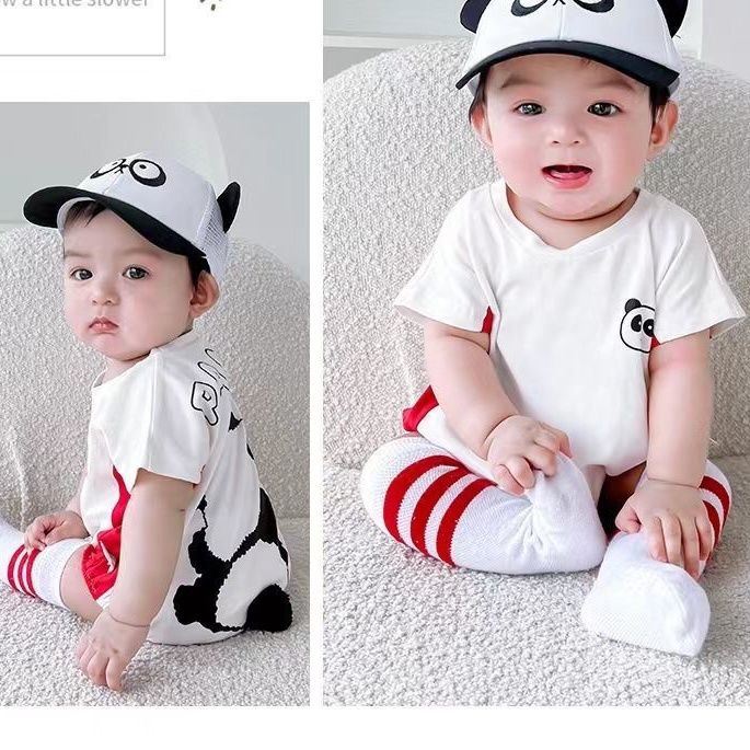 Bộ Áo Liền Quần Tay Ngắn Chất Cotton Mỏng Nhẹ In Họa Tiết Hoạt Hình Khủng Long/ Gấu Trúc Dễ Thương Cho Bé Sơ Sinh