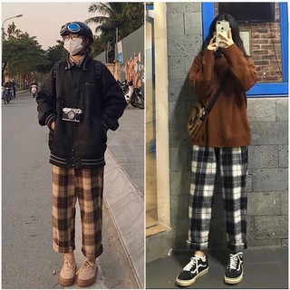 Quần kẻ caro plaid dáng suông ống rộng cạp cao ảnh thật