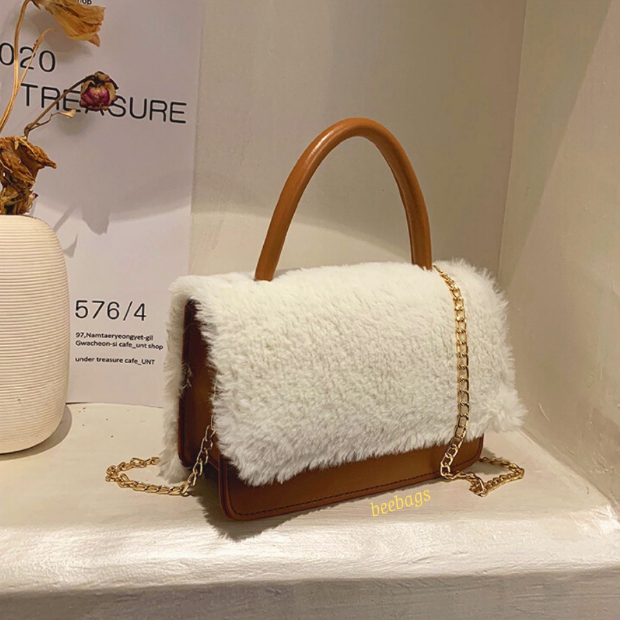 Túi Da Phối Lông Nữ Cầm Tay Dây Xích Sang Chảnh Phù Hợp Mọi Outfit | LC08 | Túi Nâu Kết Hợp Lông Sang Trọng Đi Chơi