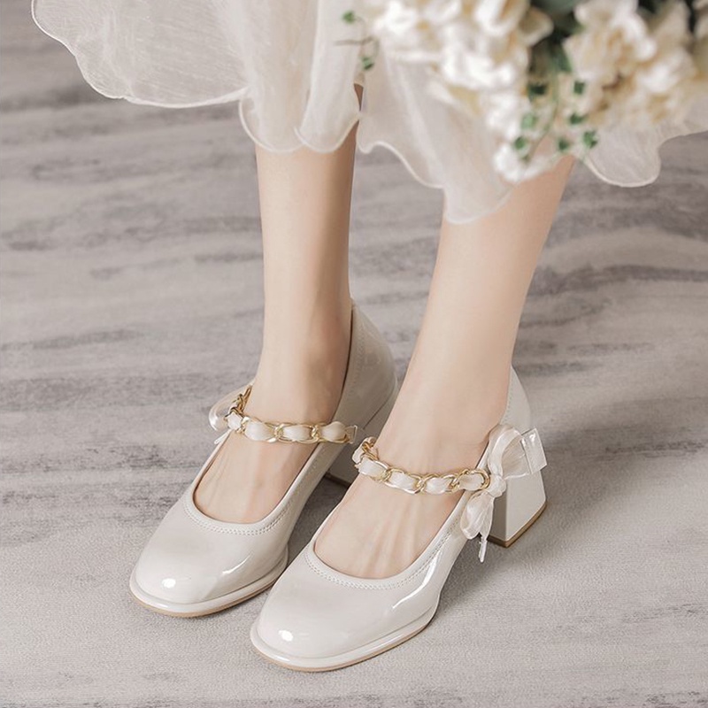 Giày Cao Gót Da Mũi Vuông Đính Nơ Thời Trang Cho Nữ