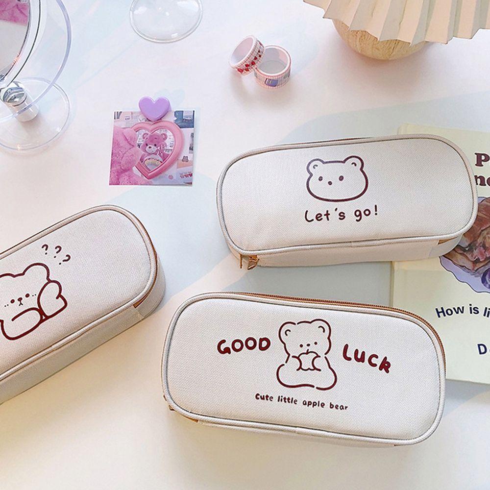 Túi Đựng Bút Bằng Vải Canvas Thiết Kế Hình Gấu Hoạt Hình Dễ Thương Ốp