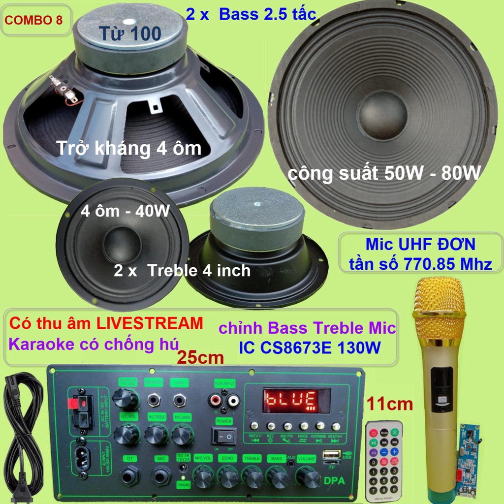 Combo loa kéo 2.5 tấc đôi CS8673E 130W Thu âm Livestream Karaoke chống hú chỉnh Bass Treble Mic nguồn xung 220V