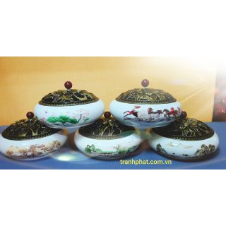Lư gốm xông trầm lớn trắng vẽ 14.5x8cm