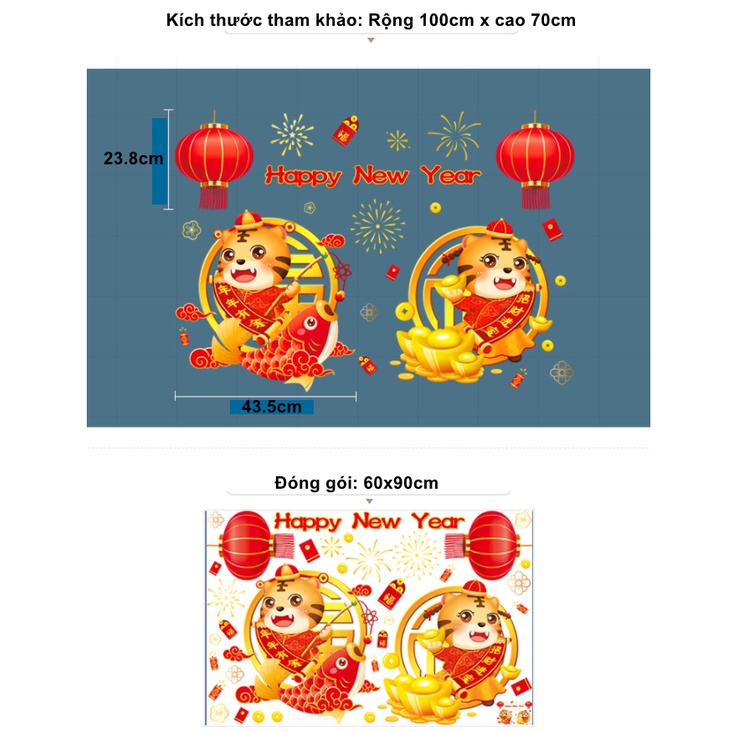 Decal trang trí tường dán tết - Lồng đèn đỏ phối 2 chú hổ cầm cá chép và thỏi vàng