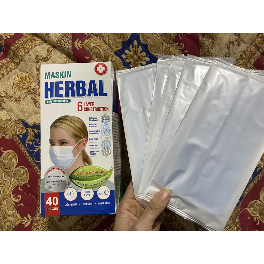 (Giá lẻ 5c) Khẩu trang y tế 6 lớp HERBAL MASKIN - Phủ Nano Bạc - Việt Nam