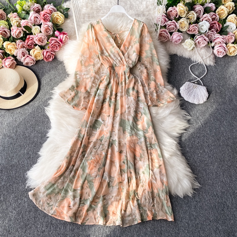 Đầm Maxi Eo Cao Cổ Chữ V Tay Loe In Họa Tiết Hoa Phong Cách Hàn Quốc Dành Cho Nữ