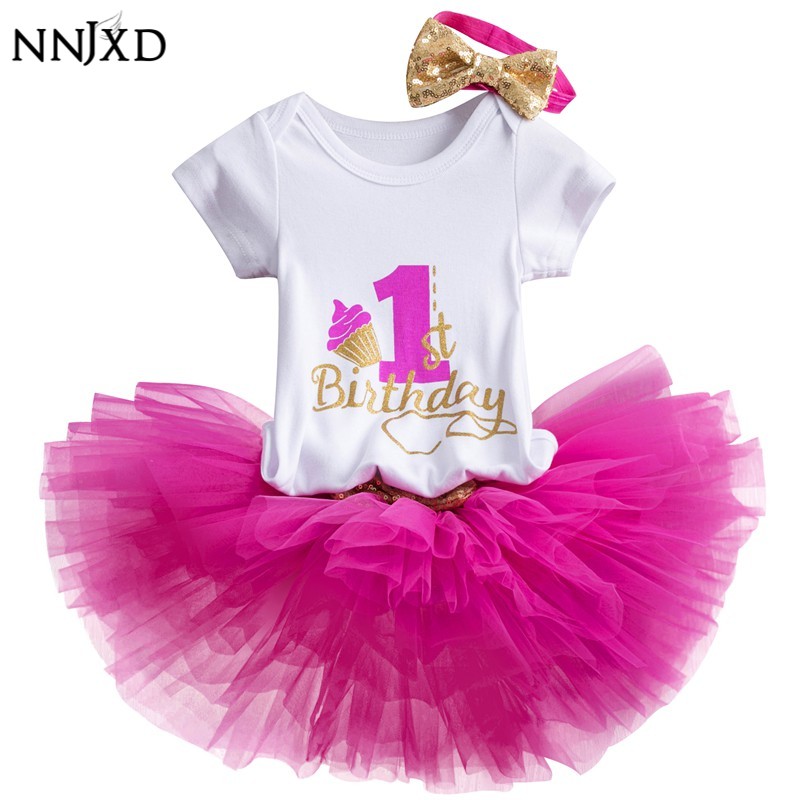 NNJXD Bộ trang phục mặc sinh nhật 1 tuổi gồm áo liền quần và chân váy xòe cùng băng đô xinh xắn dành cho bé gái