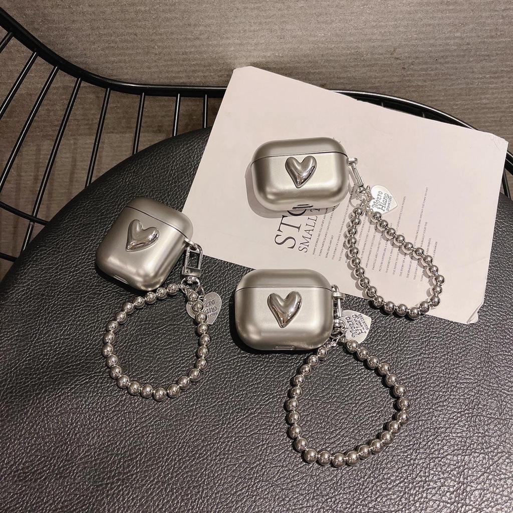 Vỏ Bảo Vệ Hộp Sạc Tai Nghe AirPods 1 2 pro 3 2021 gen3 Bằng PC Cứng Mạ Điện Họa Tiết Trái Tim Màu Bạc Đơn Giản Thời Trang