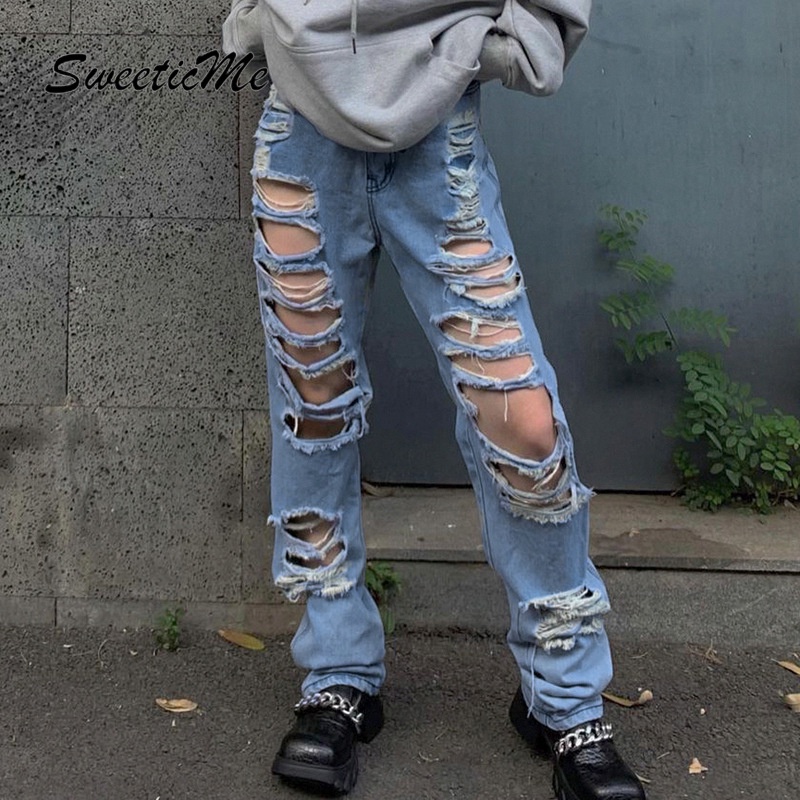 Quần Jean Lưng Thấp Phối Rách Kiểu Đường Phố SweeticMe   Cho Nữ