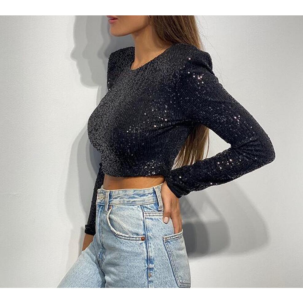 Áo Croptop Tay Dài Đính Kim Sa Lấp Lánh Phong Cách Vintage Thời Trang Mùa Thu Cho Nữ