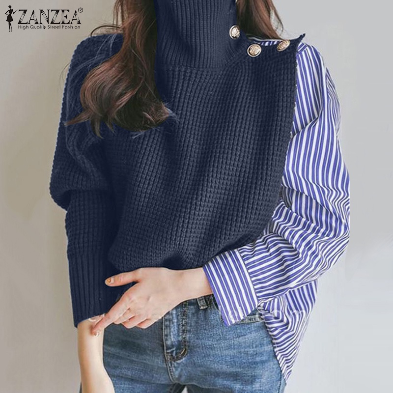 Áo kiểu ZANZEA cổ lọ phối họa tiết kẻ sọc thời trang cho nữ