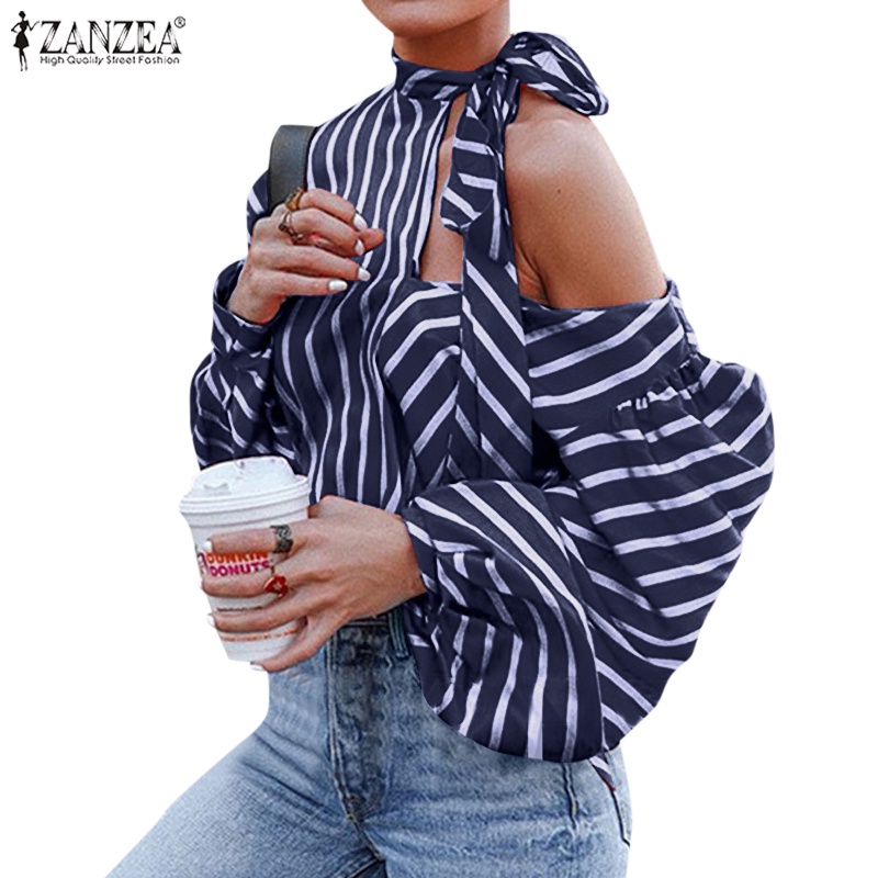 Áo kiểu Zanzea cổ tròn phối trễ vai in họa tiết kẻ sọc thời trang tùy chọn màu sắc cho nữ