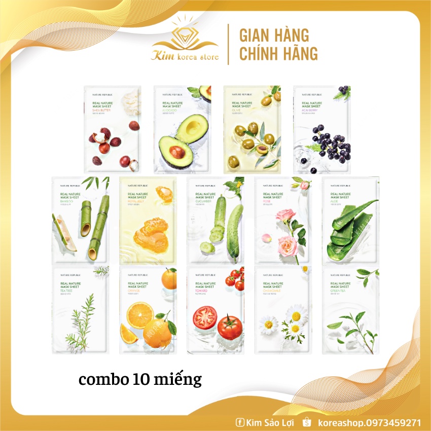 [Auth] Combo 10 mặt nạ giấy Nature Repulic Real Nature mẫu mới hàng chuẩn kèm bill