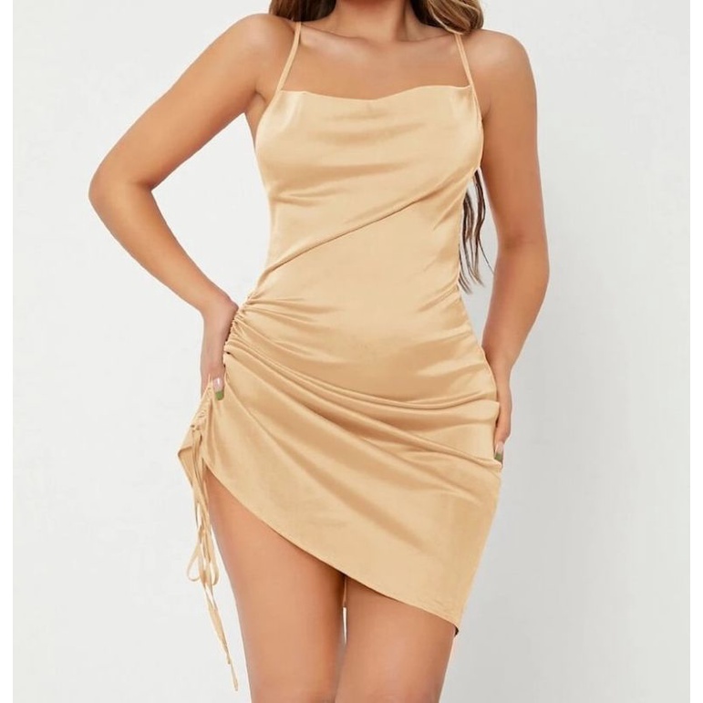 Đầm 2s lụa satin nhún hông F21 VNXK đầm dây rút cổ đổ sexy đầm tiệc ôm body dáng ngắn xuất khẩu dư xịn
