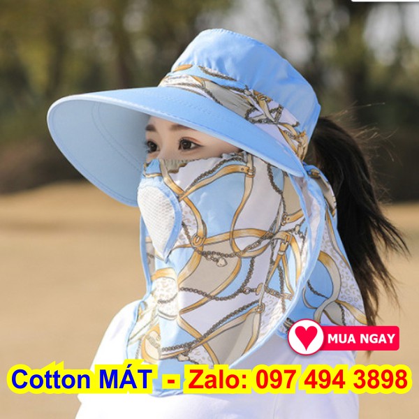 Nón chống nắng mũ che nắng màu xanh dương vải cotton cực đẹp và mát vành nón rộng mát có khẩu trang 2 lớp bảo vệ