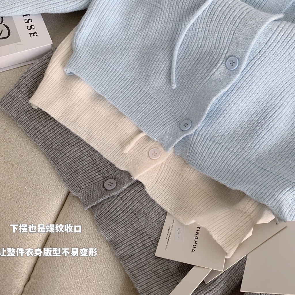 Áo khoác len cardigan có mũ thiết kế thời trang mùa thu màu xanh dương và sữa cho nữ