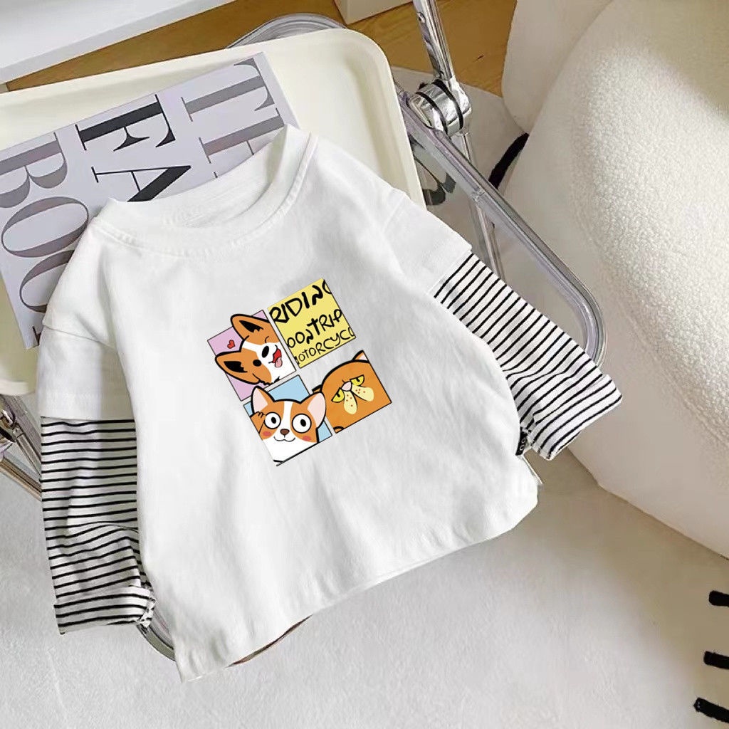 Áo Thun Cotton Tay Dài Giả Hai Lớp Họa Tiết Kẻ Sọc Màu Sắc Phong Cách Hàn Quốc Thời Trang Xuân Thu Dành Cho Bé Trai Và Bé Gái