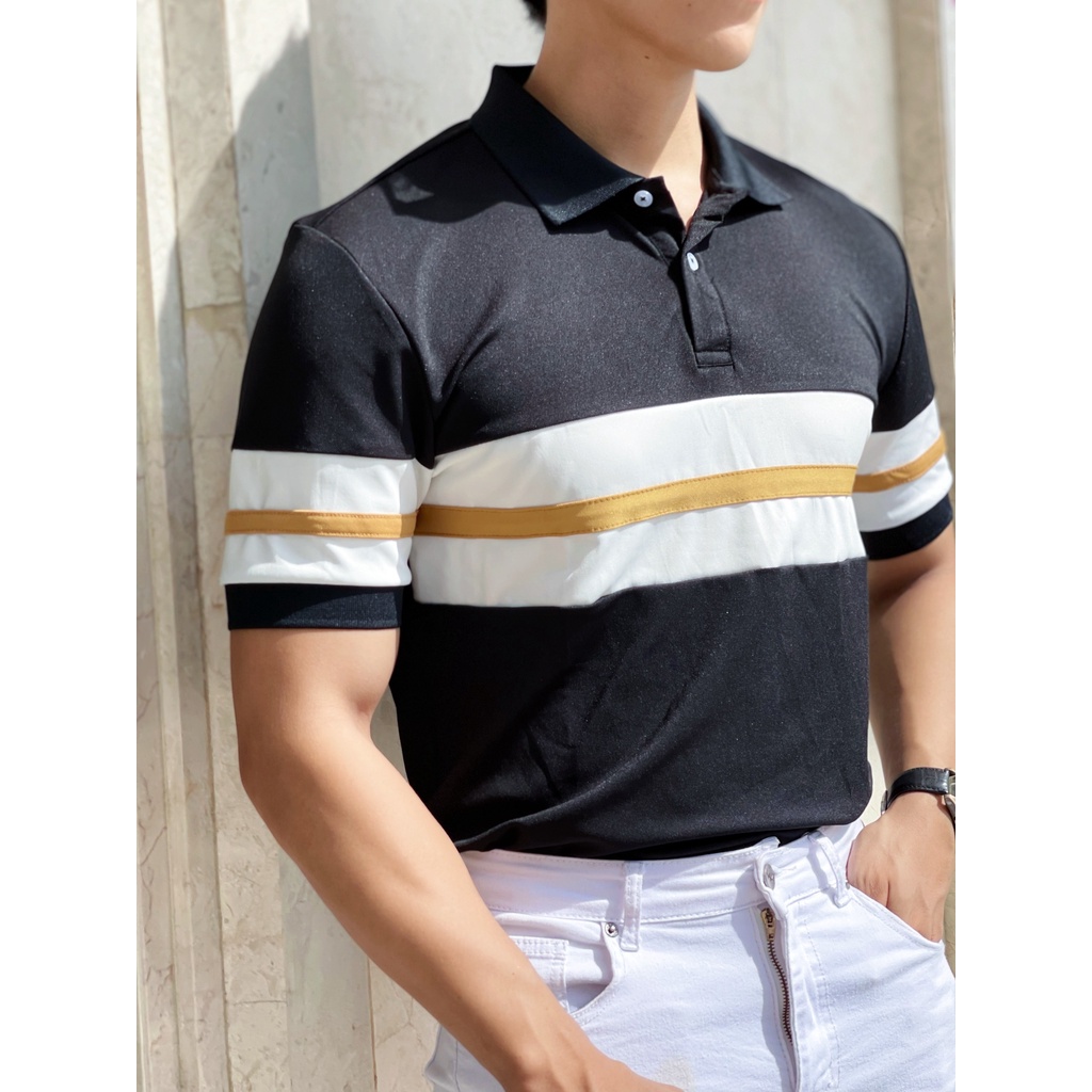 Áo polo nam cổ bẻ phối dây nâu ngang chất vải cá sấu Cotton xuất xịn,chuẩn form, sang trọng - thanh lịch TB038