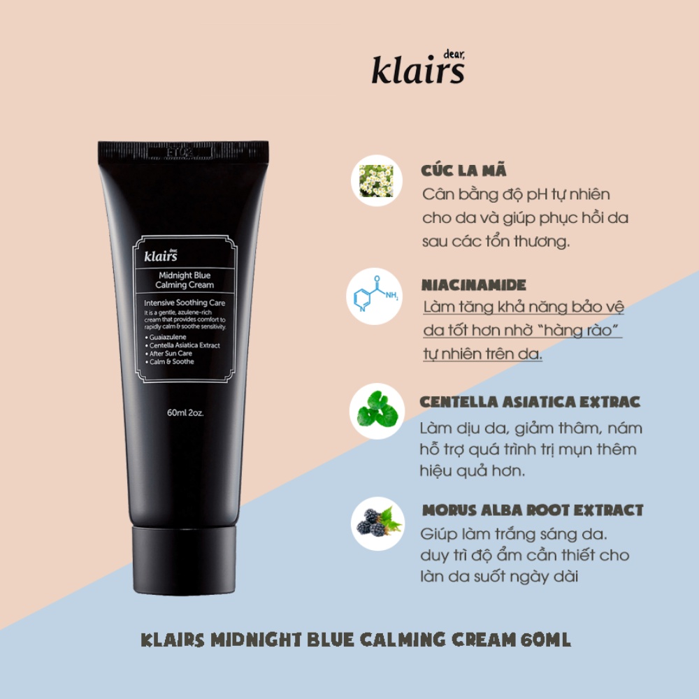 Kem dưỡng Klairs Midnight Blue Calming Cream 60ml làm dịu da , phù hợp với da nhạy cảm