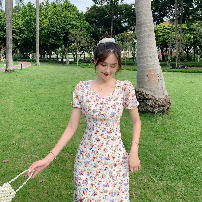 Đầm chiffon Dáng Chữ A Họa Tiết Hoa Phong Cách Pháp Cổ Điển Thời Trang Mùa Hè Hàng Mới