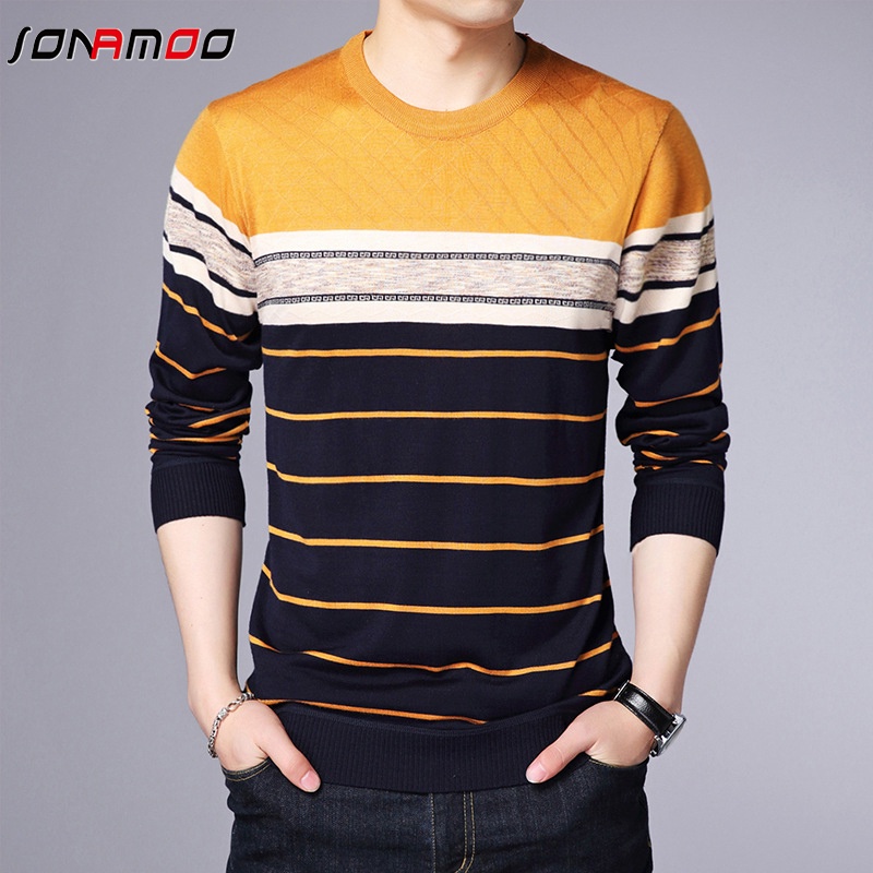 Áo Thun Nam Dài Tay Cổ Tròn Sọc Ngang Thời Trang