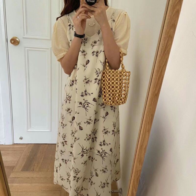 váy hai dây hoa nhí vintage, váy hai dây dáng dài siêu xinh