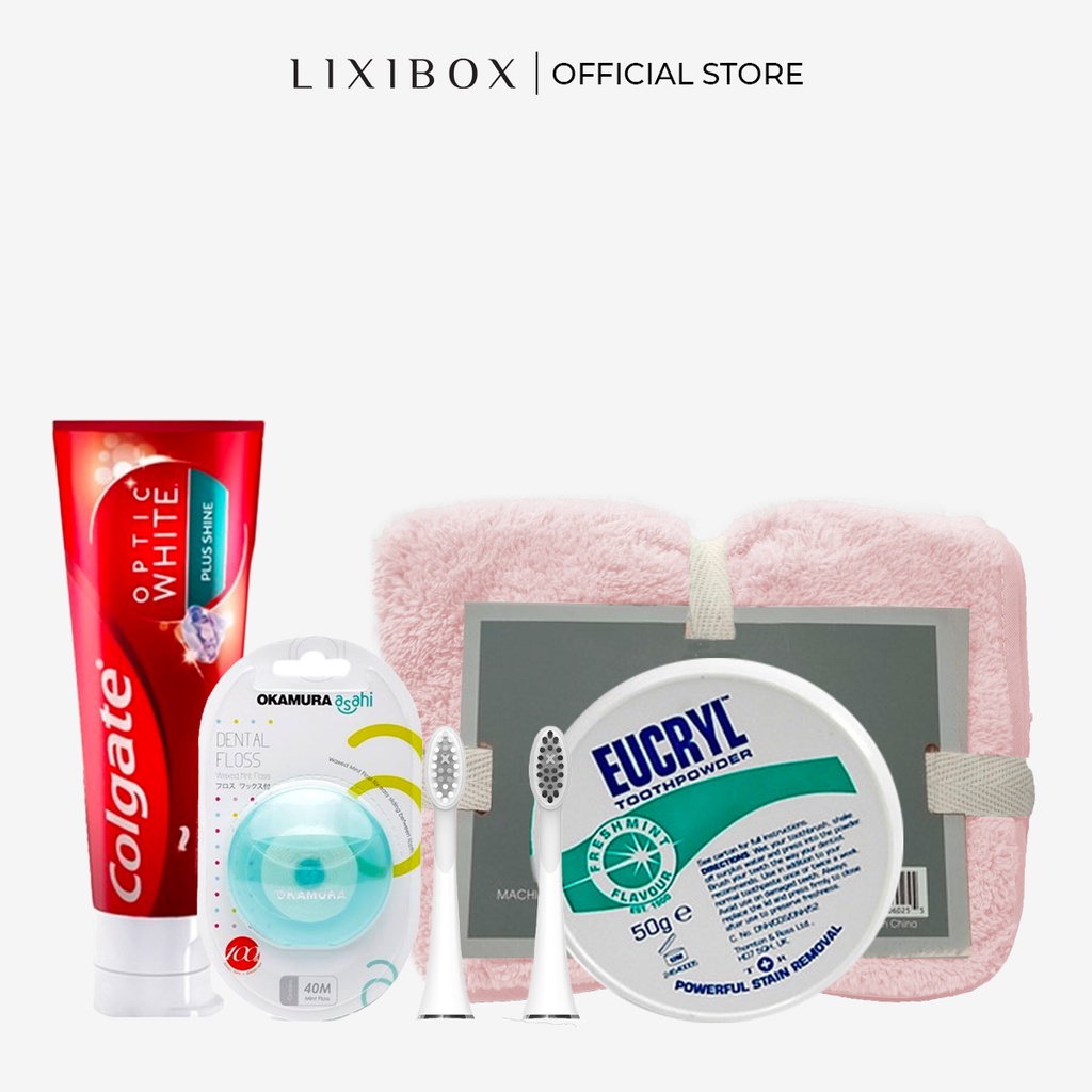 [HB Gift] Combo 2 đầu bàn chải- trắng,kem đánh răng colgate,Bột đánh răng Eucryl,chỉ nha khoa Okamura,khăn mặt Lixibox