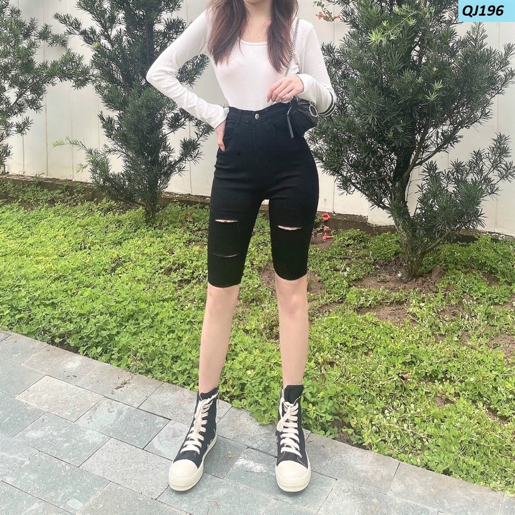Quần ngố jeans co giãn rách gối lưng cao đẹp QJ196
