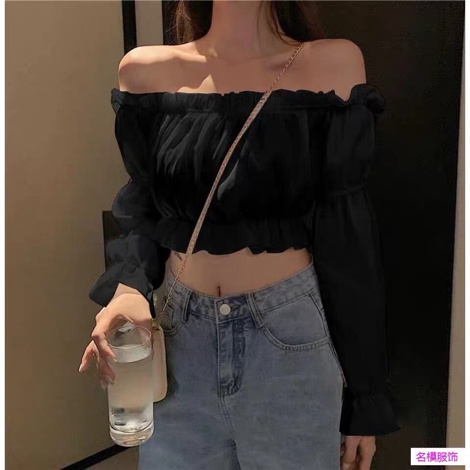 (loại mới) ÁO TRỄ VAI TIỂU THƯ CHUN BỒNG TAY DÀI VIỀN BÈO NHÚN ULZZANG - ÁO TRỄ VAI CROPTOP ĐEN TRẮNG