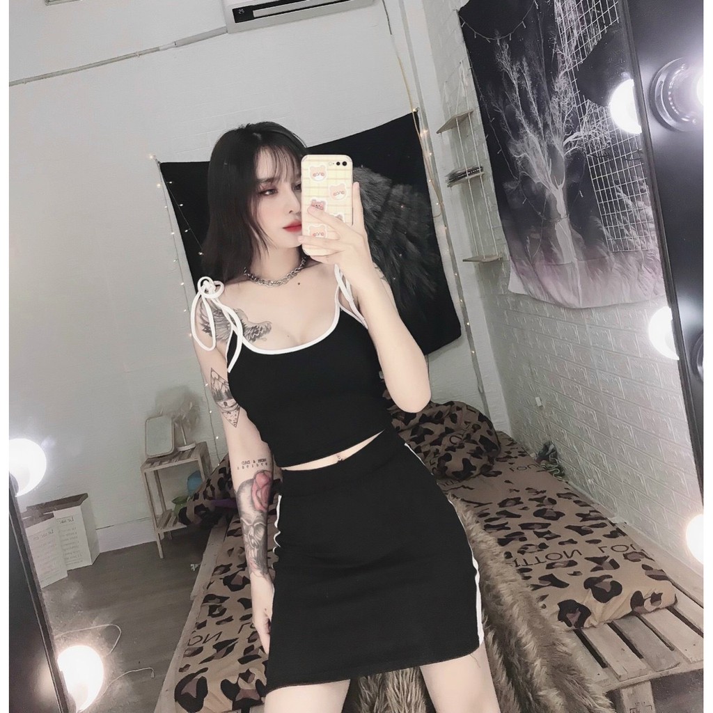 Sét bộ áo hai dây croptop viền màu kèm mút ngực phối chân váy ngắn body cực xinh , chất thun bozip mềm mịn ( ảnh thật )