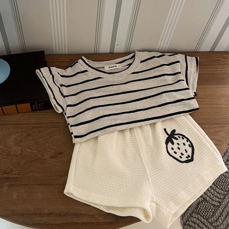 Korean Style Ins Infant Children's Clothing Simple Trendy Casual T-shirt Shorts Two-Piece Boys' Summer Waffle Suit dZRp