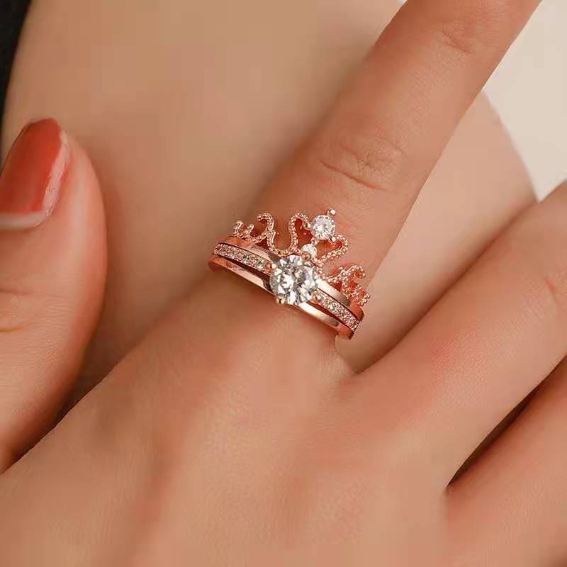 Set 100 nhẫn 2 trong 1 hình vương miện đính đá lãng mạn cho cặp đôi