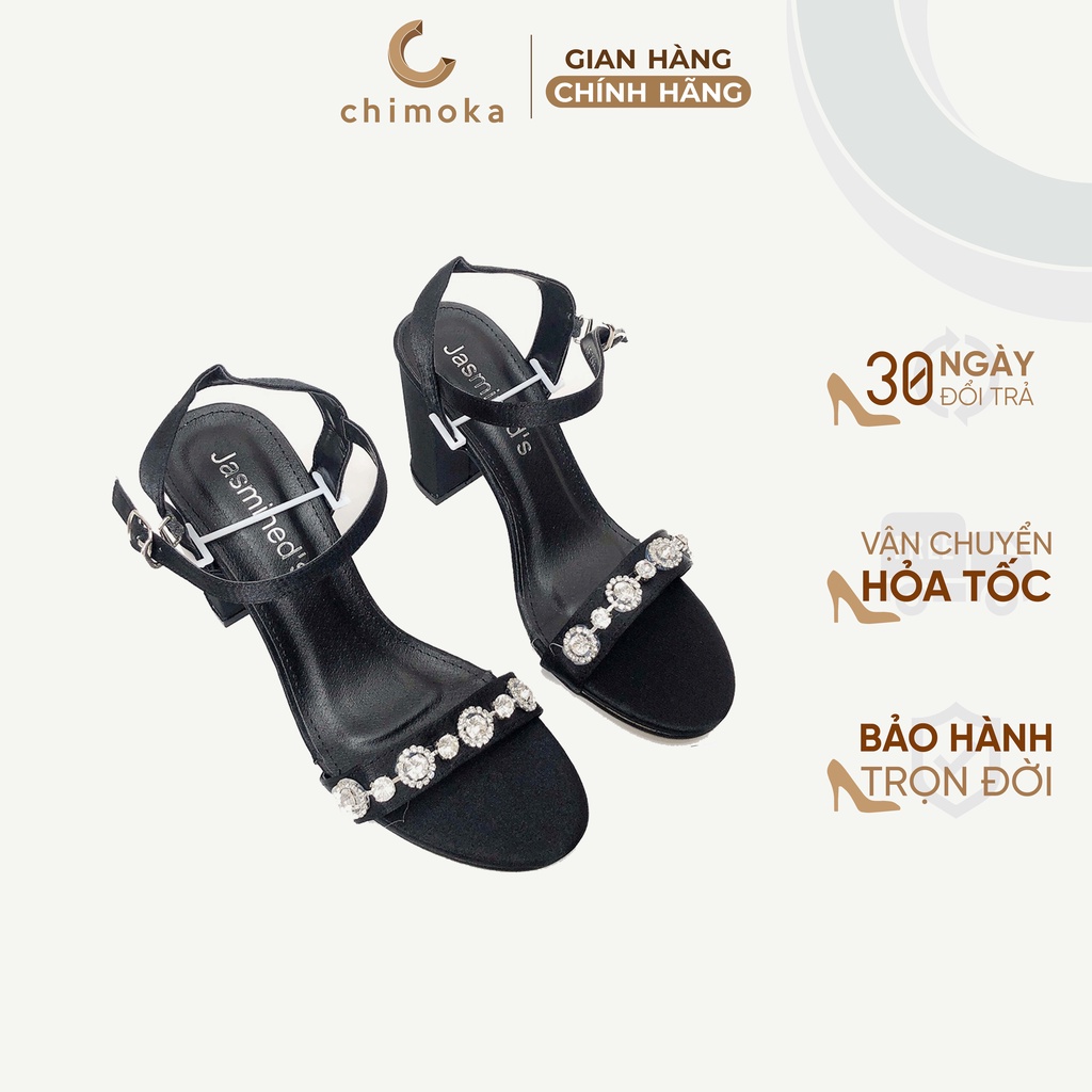 Sandal Nữ Cao Gót Cao Cấp CHIMOKA Đế Vuông Cao 8 Phân Quai Ngang Đính Đá Sang Trọng Màu Đen Chất Liệu Lụa Satin 2905