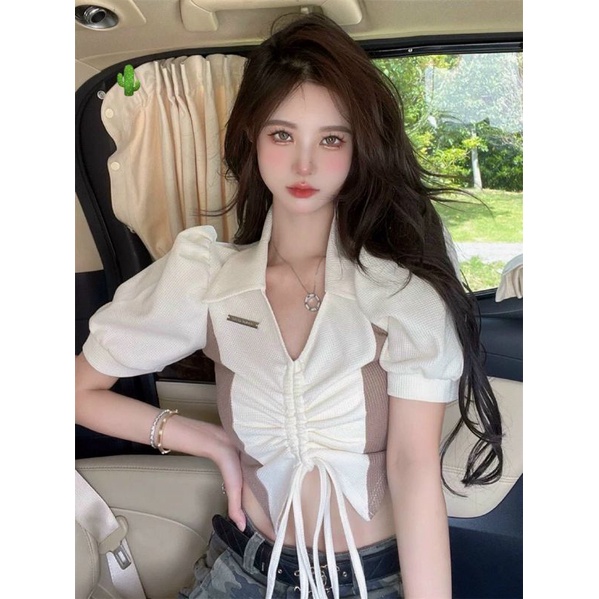 Áo thun kiểu croptop phối màu rút dây (B.c)