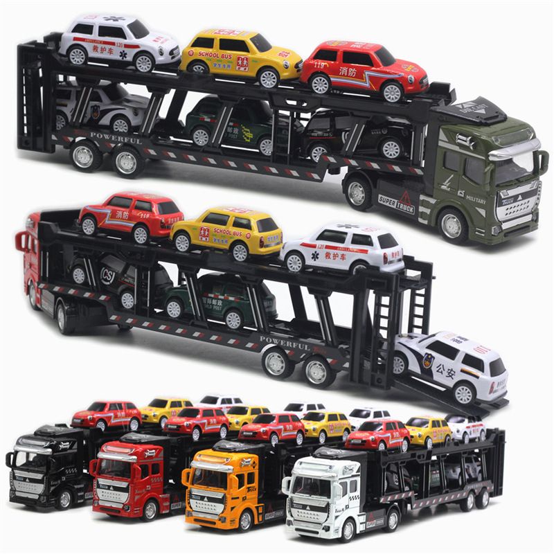 Đồ chơi xe container chở xe 6 xe còn đầu kim loại tỉ lệ 1:48