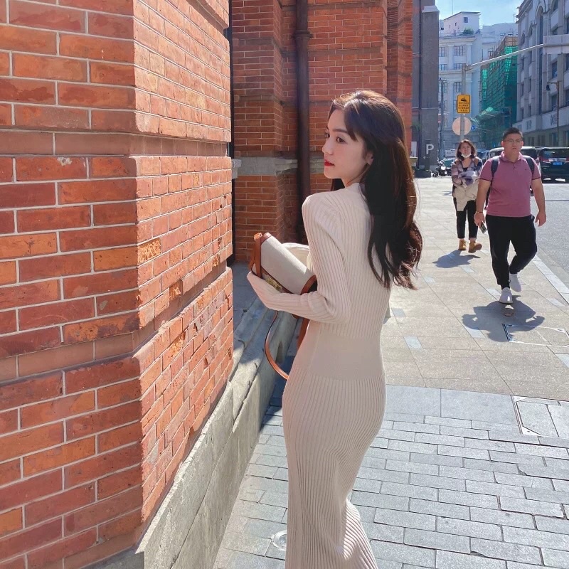 Váy len nữ body dáng dài cổ chữ V gợi cảm