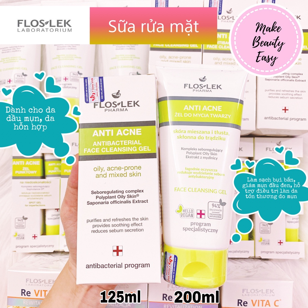 Floslek Sữa Rửa Mặt Dạng Gel Cho Da Nhờn Mụn Anti Acne Bacterial Face Cleansing Gel 125ml 200ml