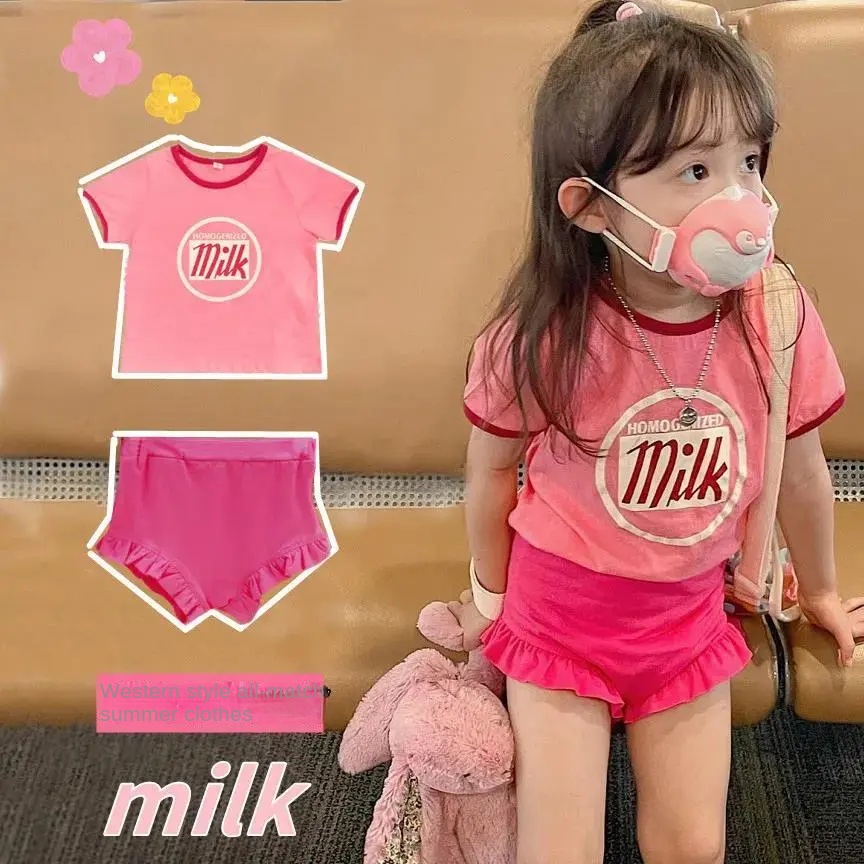 Áo Thun Cotton Ngắn Tay In Chữ Màu Sắc Tương Phản Thời Trang Mùa Hè Hàn Quốc Cho Bé Gái