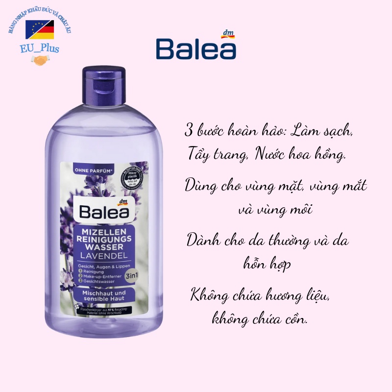 Nước tẩy trang Balea 400ml, dung dịch tẩy trang Balea Hàng Đức chính hãng 3in1 làm sạch sâu