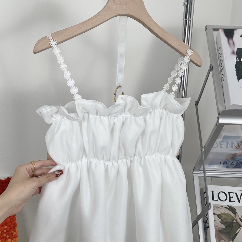 Áo 2 dây hoa cúc chun bèo ngực chất lụa 2 lớp dáng babydoll màu trắng