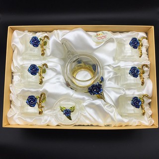 Hộp quà bộ ấm chén thủy tinh enamel HOA HỒNG XANH- Song Ngư hoa thảo trà